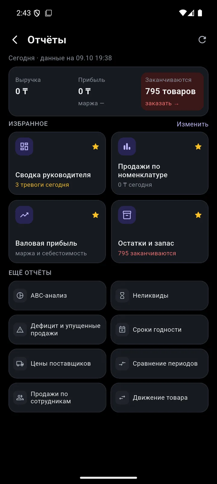 Отчёты: 12 отчётов и избранное