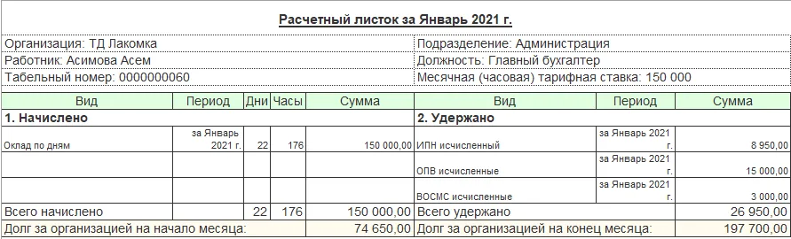 К шагу 4: Разделы сформированного расчетного листка. Реальный экран из переданного локального источника.