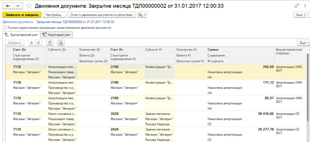 К шагу 4: Пример движений закрытия месяца. Реальный экран из переданного локального источника.