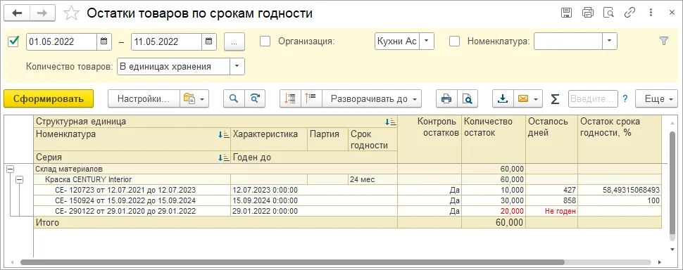 Отчет Остатки товаров по срокам годности: серия, Годен до, количество и остаток срока