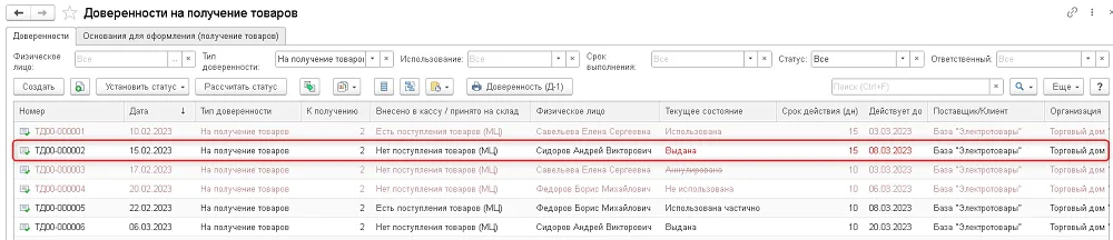 Рис. 9 Отражение просроченной доверенности в списке документов доверенностей. Редакция 3.4 по заголовку источника, конкретный релиз не указан.