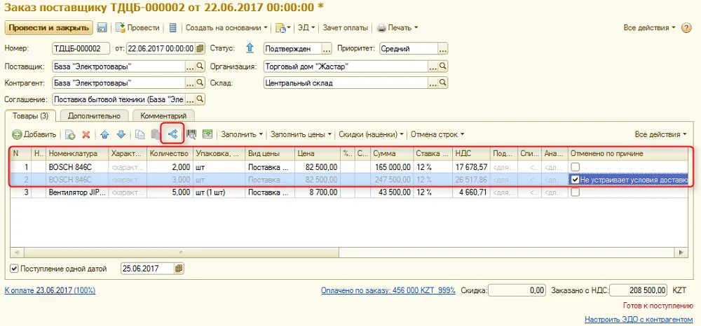 Рис. 4 Отмена части позиции заказа